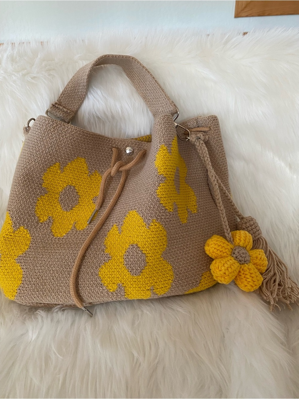 NWOT Beige Crochet Tote Bag with Yellow Floral Accents